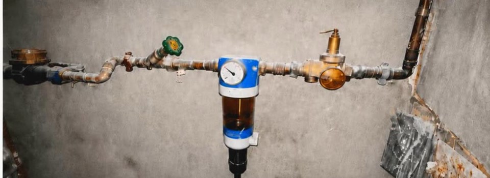 Vorher: alte blaue Filteranlage mit Druckminderer an einer Kellerwand.